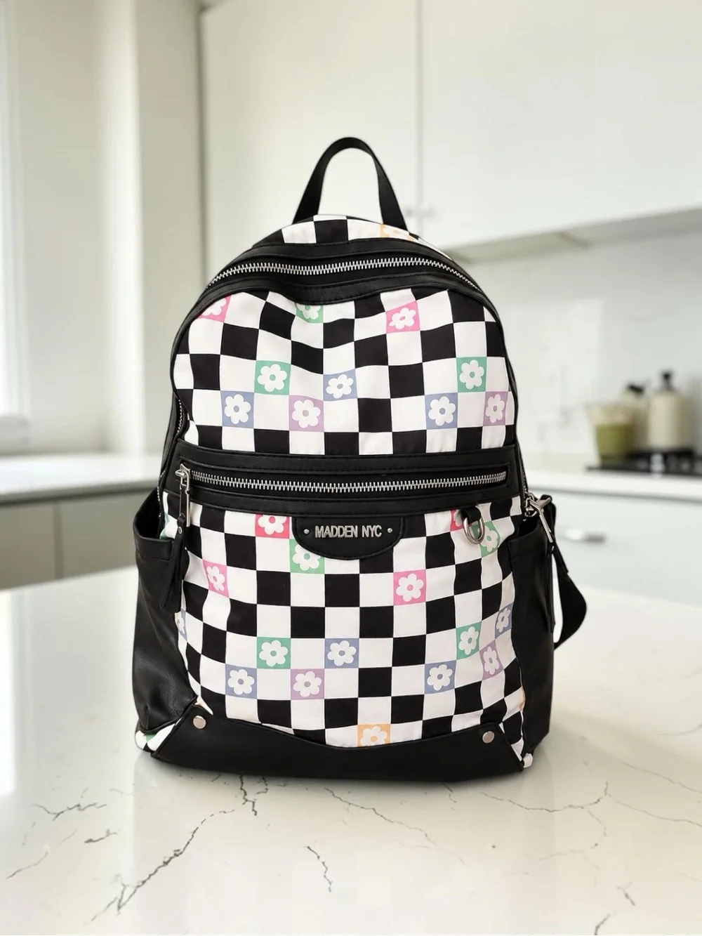 Madden NYC Checkered Floral Laptop Backpack 17” Black White Y2K